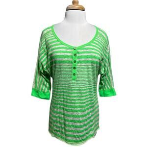 UnionBay Vtg Y2K Neon Green Stripe Henley 3/4 Sleeve Shirt Women's L